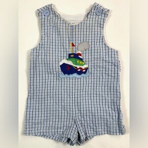 SAMARA Vintage Baby Boys' Seersucker‎ Plaid Embroidered Ship Romper Nautical 18M